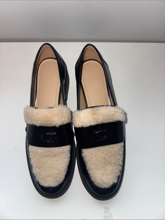 Coach Shoes - Coach Black Leather Loafers with Cream Shearling Trim